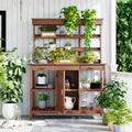 Outdoor Potting Bench Table, Farmhouse Wooden Garden Workstation with 2 Drawers, Cabinet and Open Shelves for Backyard, Mudroom, Brown