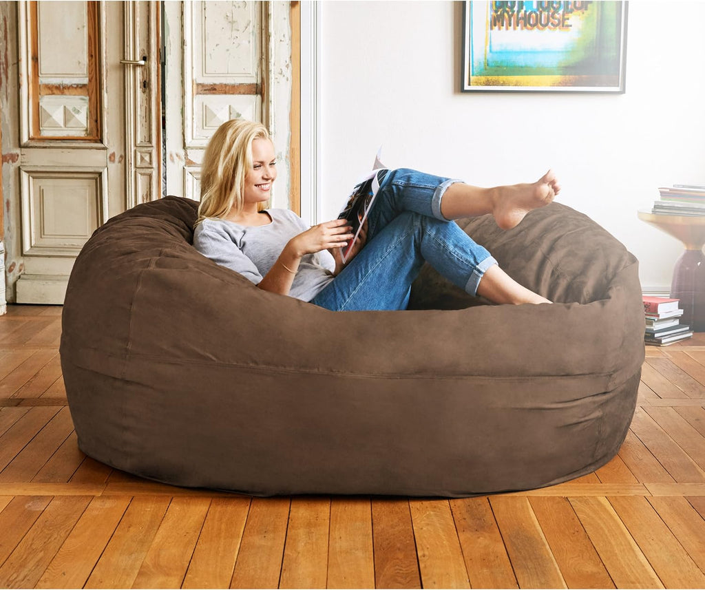 Lumaland Luxurious Giant 6ft Bean Bag Chair with Microsuede Cover - Ultra Soft, Foam Filling, Washable XL Bean Bag Sofa for Kids, Teenagers, Adults - Sack Chair for Dorm, Family Room - Brown