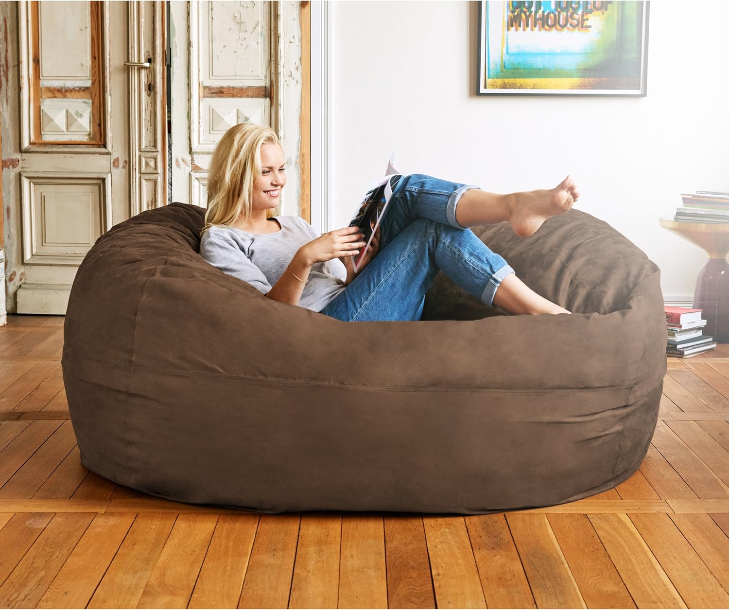 Lumaland Luxurious Giant 6ft Bean Bag Chair with Microsuede Cover - Ultra Soft, Foam Filling, Washable XL Bean Bag Sofa for Kids, Teenagers, Adults - Sack Chair for Dorm, Family Room - Brown