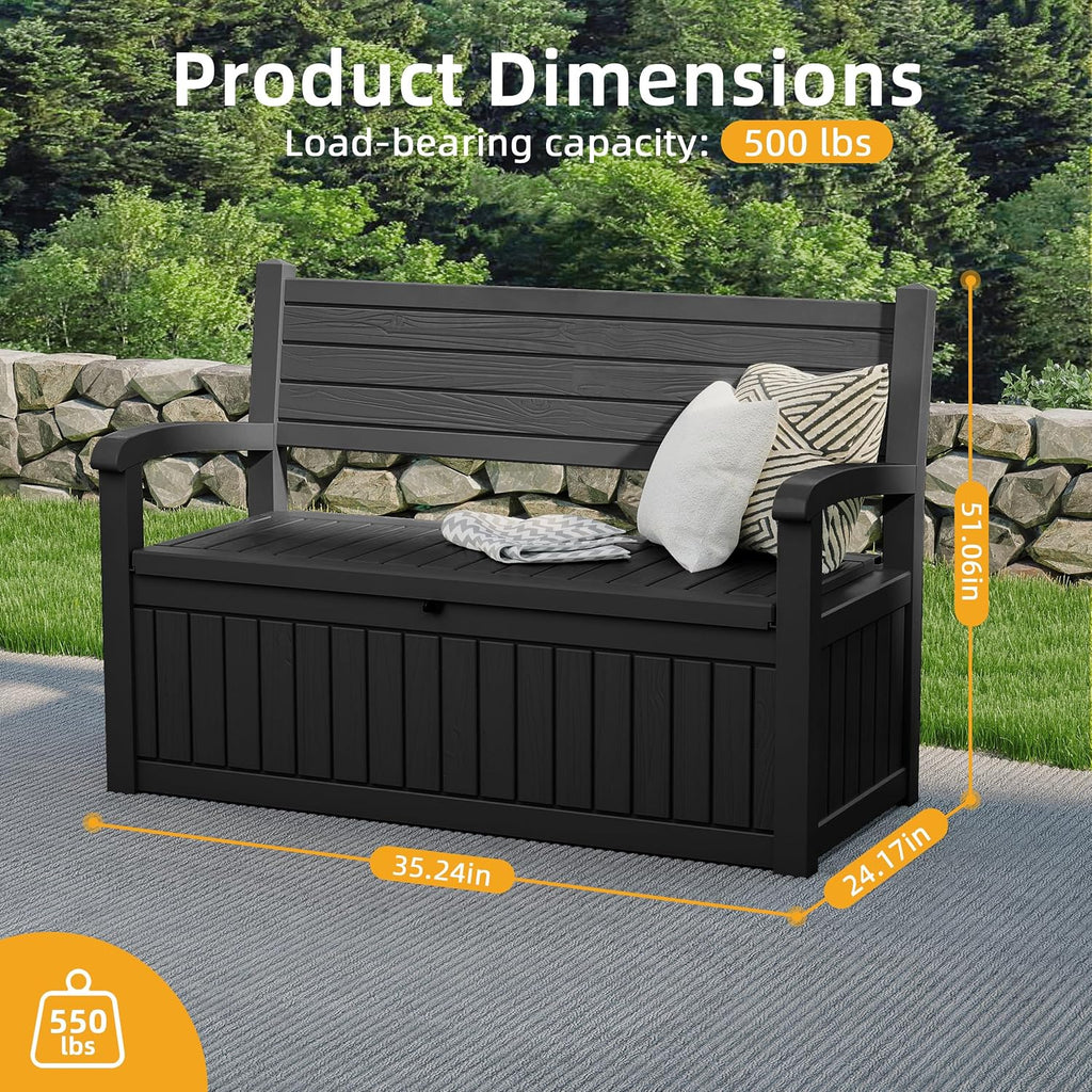ROJIK 80 Gallon Storage Bench Deck Box Outdoor with Armrests,Wood Grain Style Resin Storage Furniture Waterproof Lockable for Porch Patio and Garden,Sturdy and Durable, Black