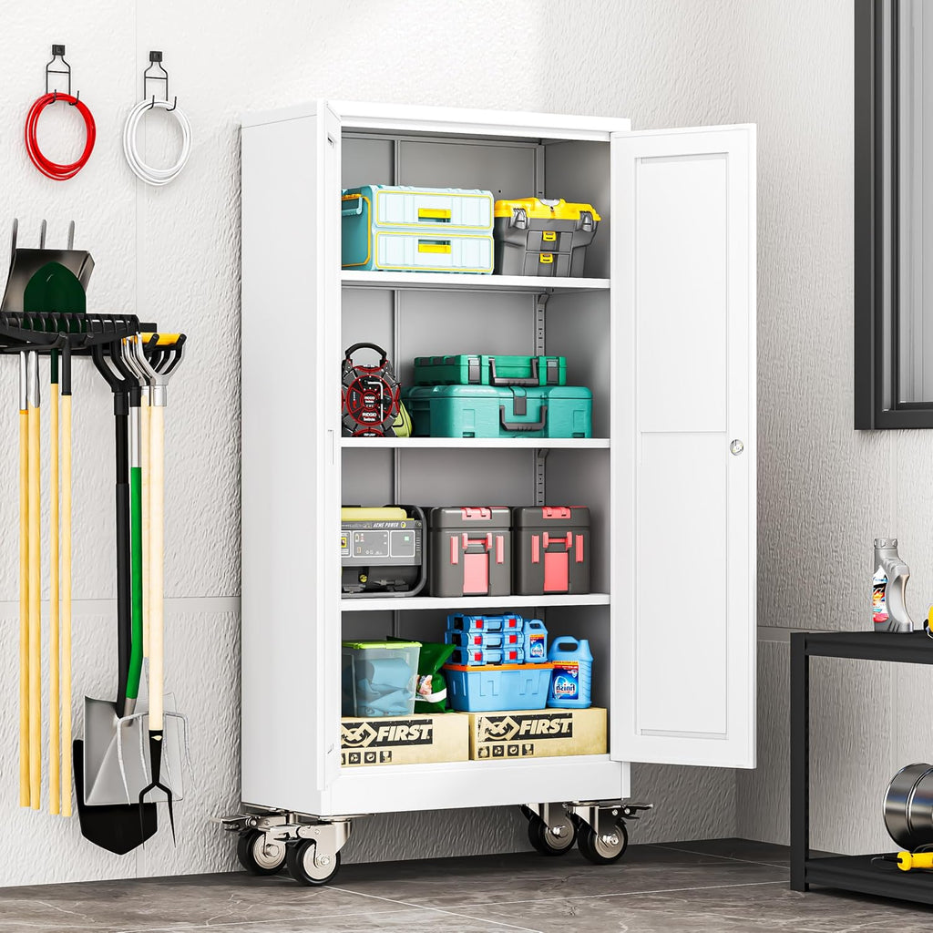 erosoei 61' H Metal Garage Storage Cabinet, Rolling Tool Cabinet with 2 Doors and Wheels, Locker Steel Cabinet with 3 Adjustable Shelves, Organization Cabinet for Garage,Office,Home,Gym,School（White）