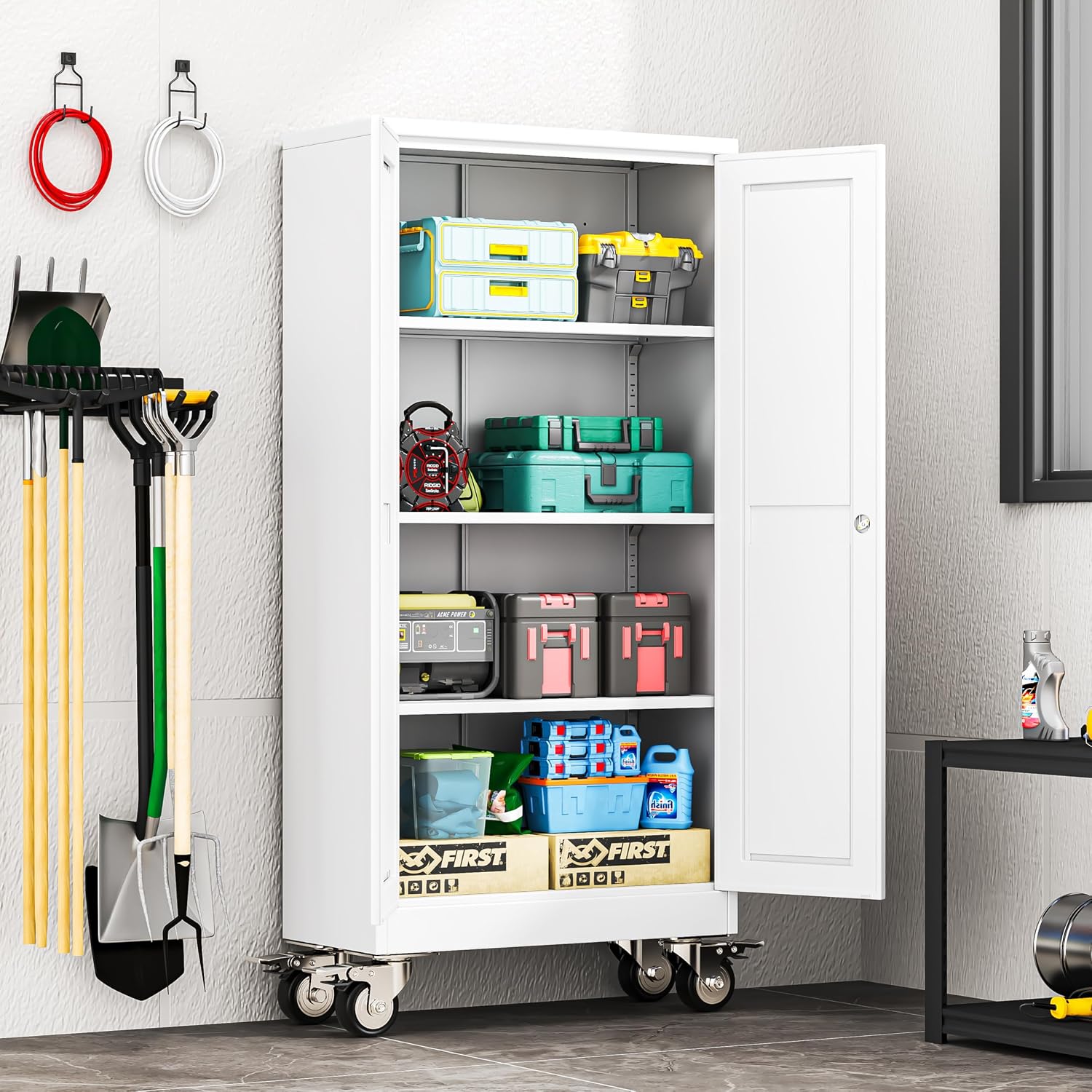 erosoei 61' H Metal Garage Storage Cabinet, Rolling Tool Cabinet with 2 Doors and Wheels, Locker Steel Cabinet with 3 Adjustable Shelves, Organization Cabinet for Garage,Office,Home,Gym,School（White）