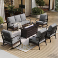 SUNSHINE VALLEY 6 Piece Black Metal Outdoor Patio Furniture Sets with Firepit Table, Patio Conversation Sets 1 3-Seater Sofa, 2 Leg Sofa and 2 Rocking Chair with 5.75' Cushion for Backyard Deck, Gray