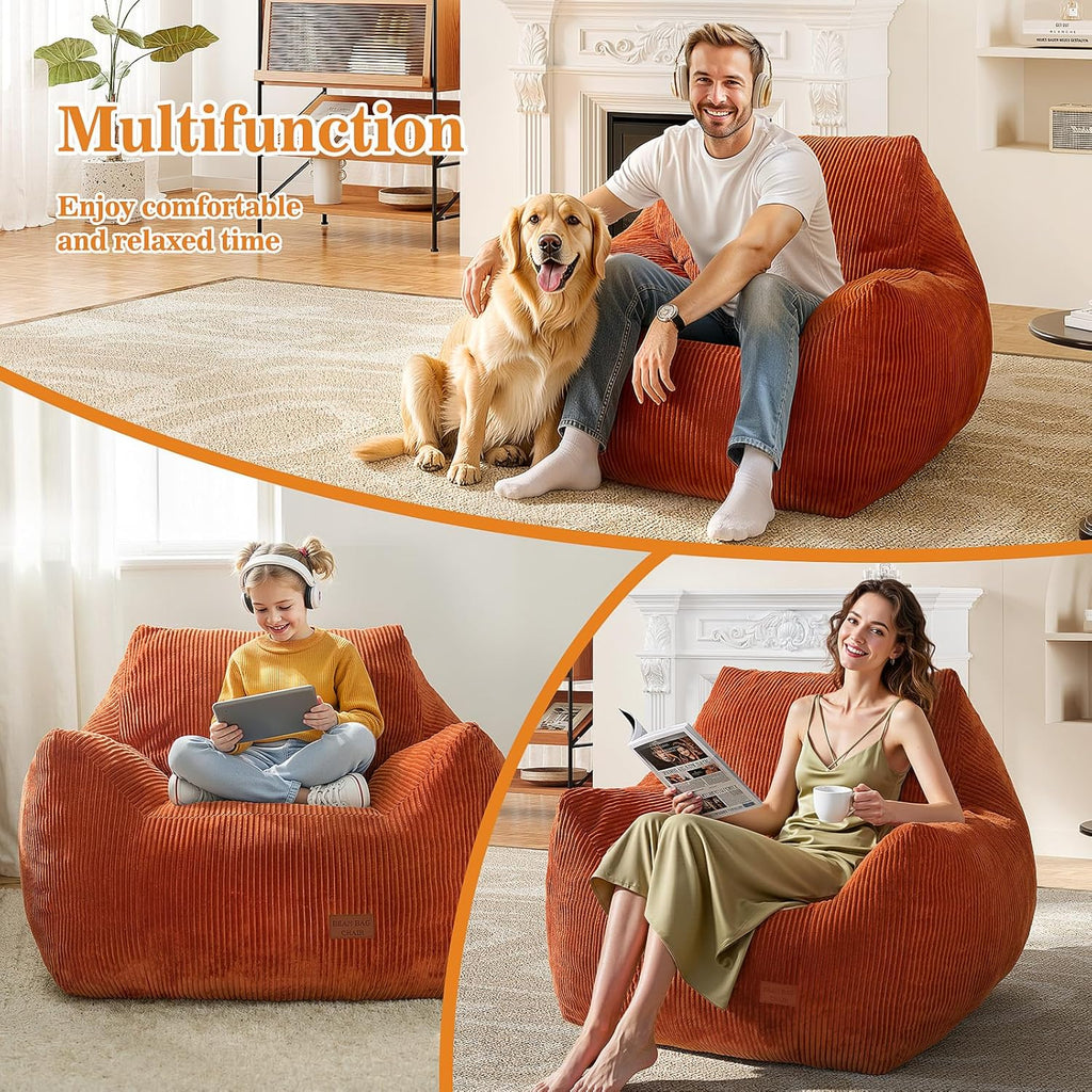 Big Bean Bag Chair for Adults, Ultra Soft Living Room Bean Bag with Armrests & Ottoman, Stuffed BeanBag Chair for Napping, Gaming, Vacuum-Compressed for Easy Gifting, 48h to Expand, Orange