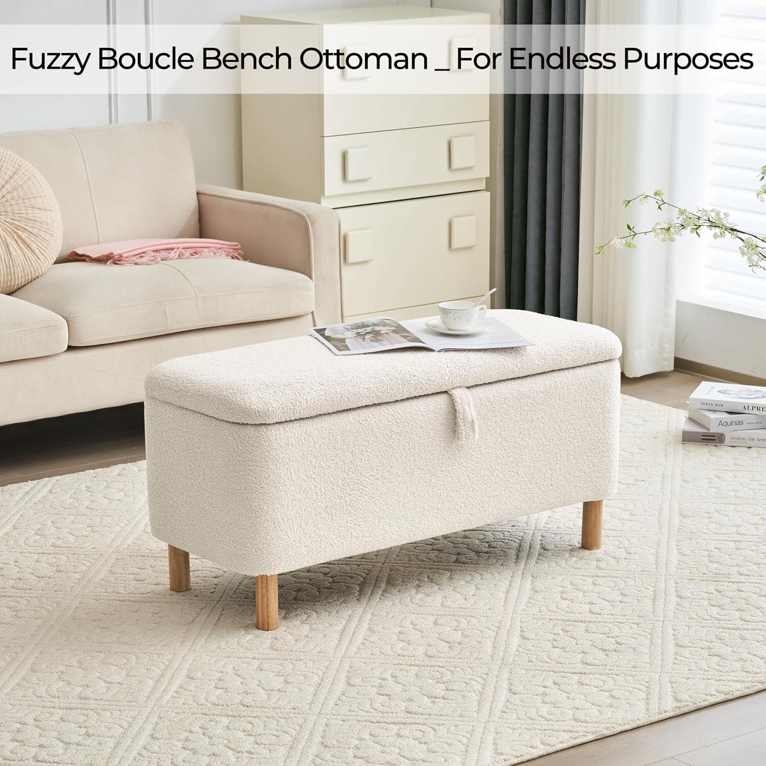 Boucle Storage Ottoman Bench for Bedroom end of Bed, Sherpa Upholstered Shoe Seat Storage Bench for Entryway Bed Foot, Rectangle Cushion Padded Blanket Chest Cute for Living Room, White