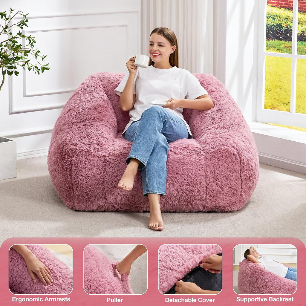 Hobestluk Giant Bean Bag Chair Memory Foam Filled Sofa Chair Bean Bag for Adults/Teens/Kids, Plush Fur Oversized Lazy Sofa for Living Room Bedroom Dorm(Pale Pink)