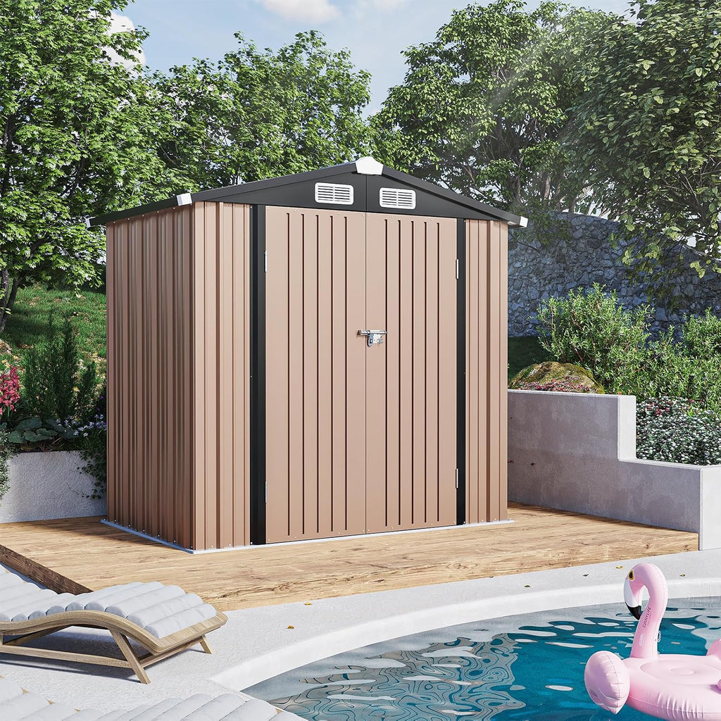 Outdoor Storage Shed 6.4x3.6FT Outdoor Garden Storage Shed, Galvanized Steel Metal Garden Shed with Air Vent and Hinged Door Utility Tool Storage House for Garden, Backyard, Patio, Lawn