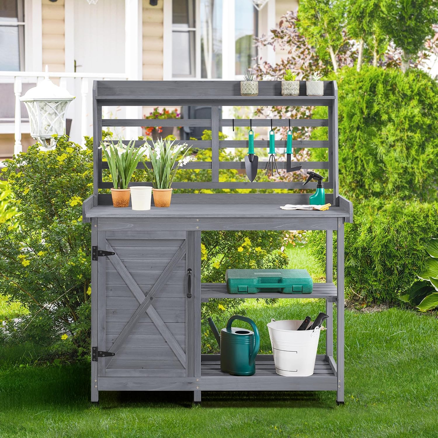 Yaheetech Outdoor Potting Bench, Large Horticulture Work Table Workstation with Storage Cabinet Shelf & Planting Working Console for Patio/Lawn/Garden - Gray