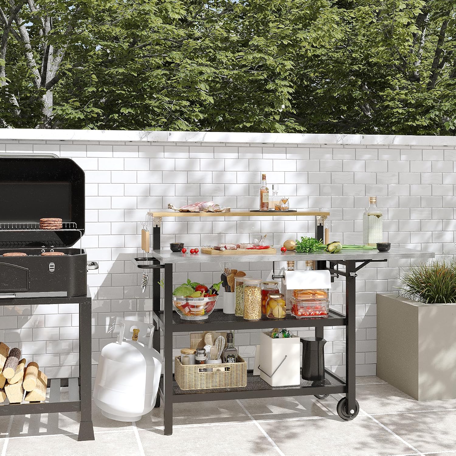 Sundale Outdoor Grill Table with 4-Tier Storage Shelves, Movable Outdoor Kitchen Island with Folding Side Shelf, 58.47' x 20.08' Stainless Steel Tabletop for Food Pre, Pizza Oven