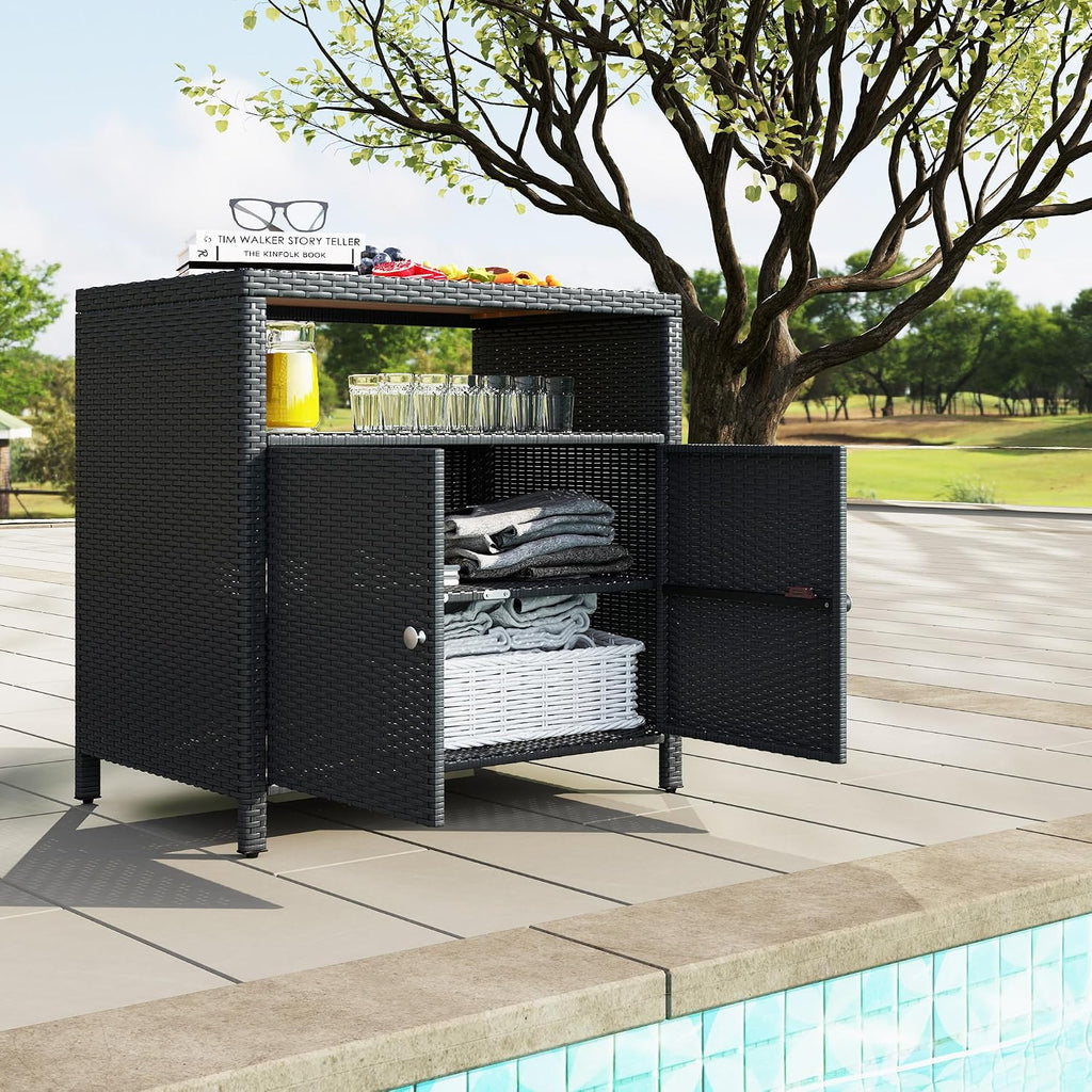 Outsunny Wicker Outdoor Storage Cabinet, Rattan Bar Table with Acacia Wood Countertop, 2 Doors and Shelf, Buffet Cabinet Sideboard for Poolside, Garden, Patio, Backyard, Black