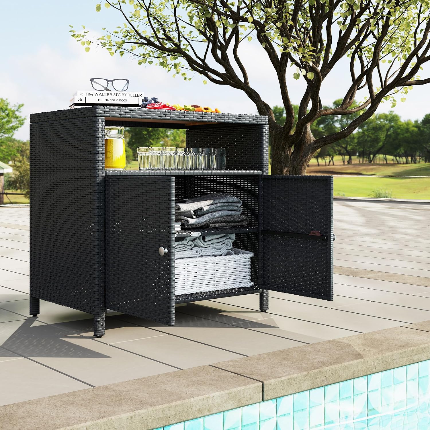 Outsunny Wicker Outdoor Storage Cabinet, Rattan Bar Table with Acacia Wood Countertop, 2 Doors and Shelf, Buffet Cabinet Sideboard for Poolside, Garden, Patio, Backyard, Black