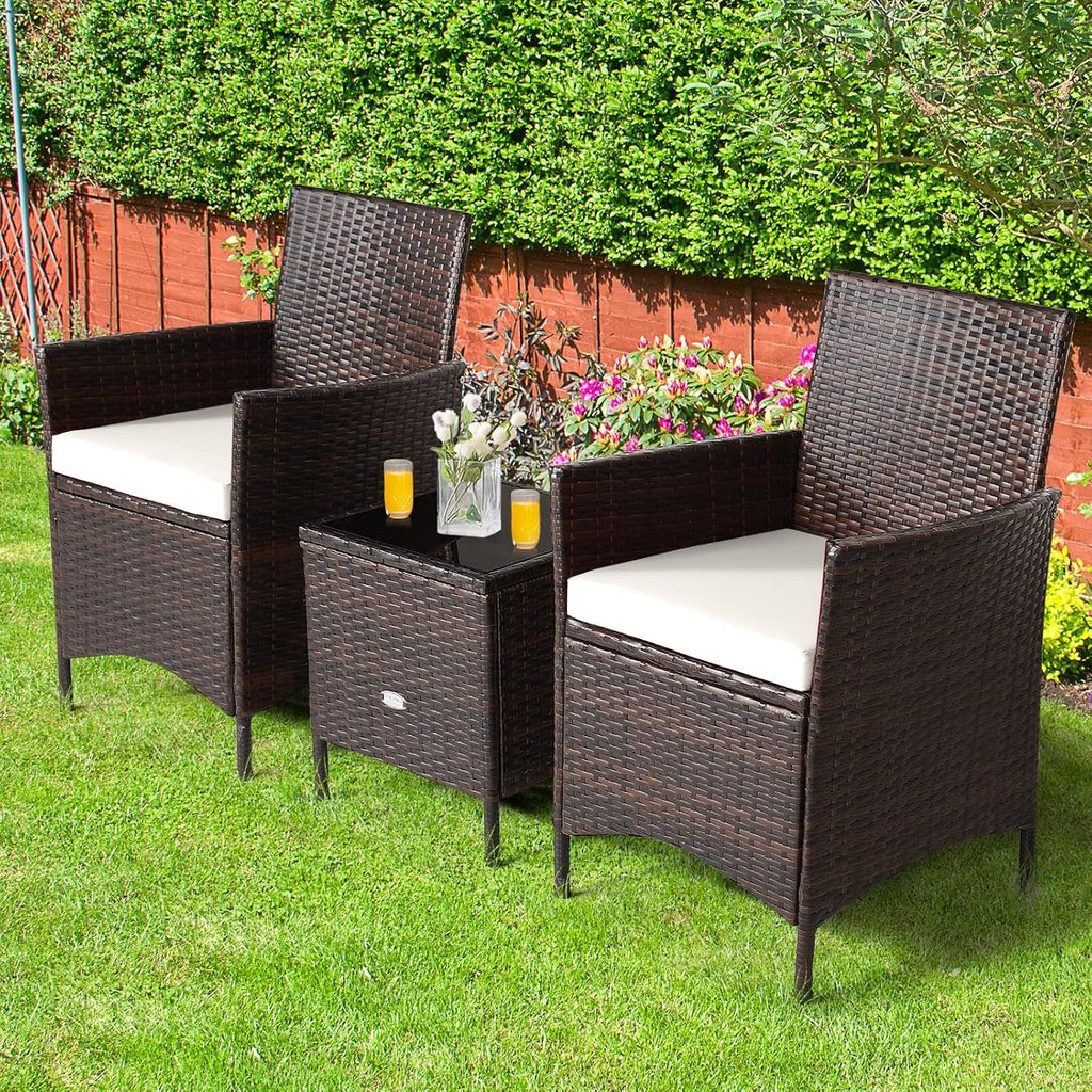 HAPPYGRILL 3 Pieces Rattan Patio Bistro Set, PE Wicker Furniture Set Outdoor Conversation Set with Coffee Table & Soft Cushions Porch Furniture Set for Garden Lawn Poolside Backyard