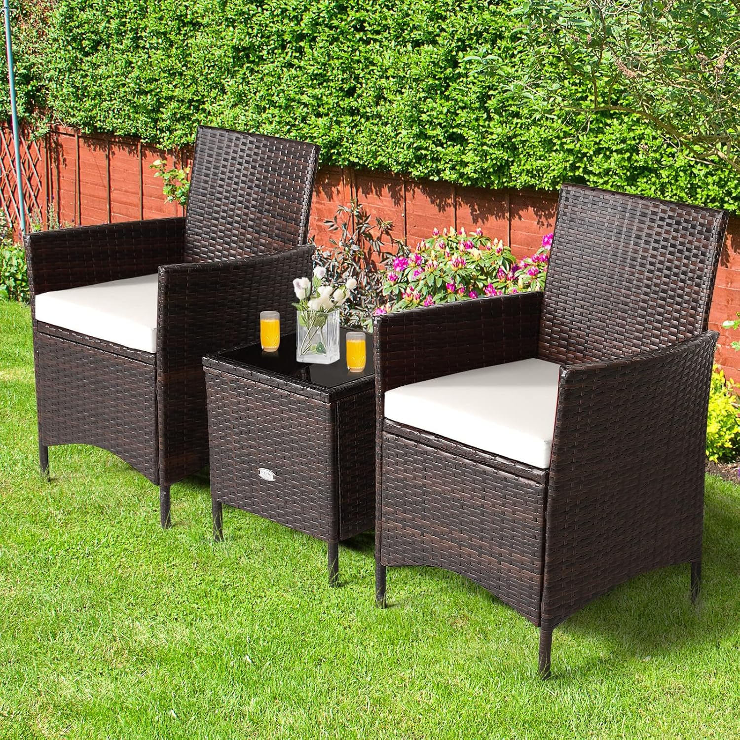 HAPPYGRILL 3 Pieces Rattan Patio Bistro Set, PE Wicker Furniture Set Outdoor Conversation Set with Coffee Table & Soft Cushions Porch Furniture Set for Garden Lawn Poolside Backyard