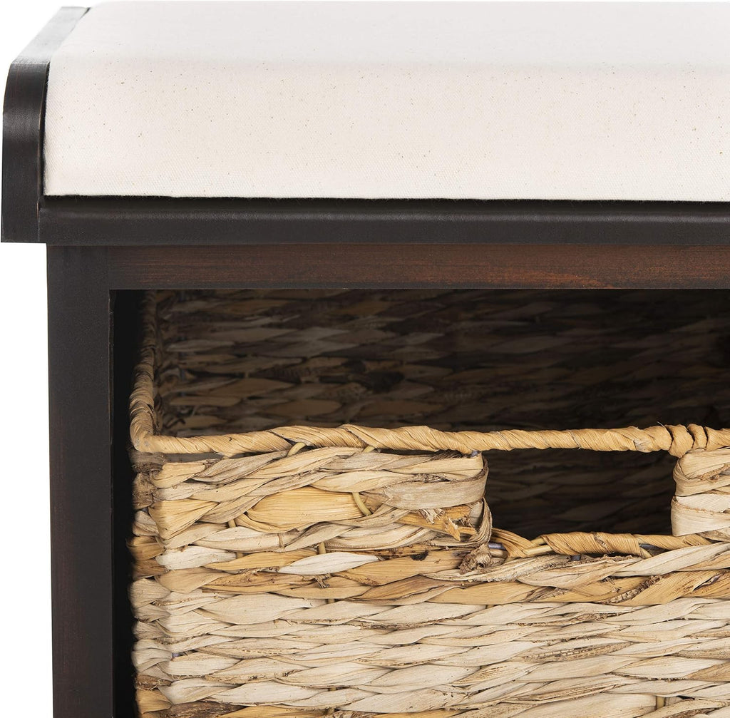 SAFAVIEH Home Collection – Freddy Brown Storage Bench with Wicker Baskets & Cushion, Entryway Seating Bench, Fully Assembled (AMH5736A)
