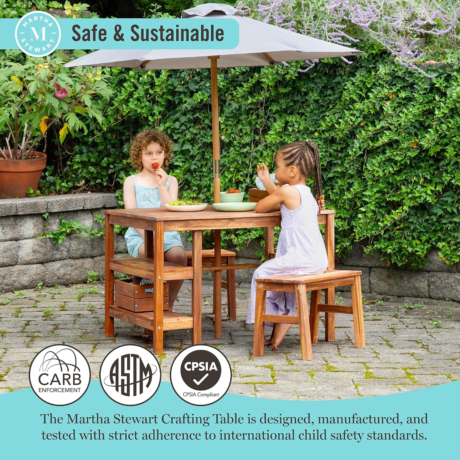 Martha Stewart Kids Outdoor Craft Table, Benches & Umbrella Set: Acacia Wood Activity Desk w/Crate, Caddy, Storage Shelves | Kids Play & Picnic Table w/Benches & Umbrella for Backyard, Patio, Garden