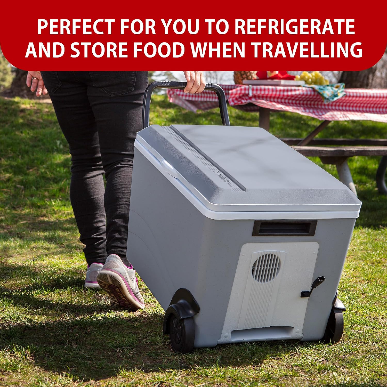 Koolatron Thermoelectric Iceless 12V Cooler/Warmer 36 qt (34 L) w/Wheels, Portable Electric Rolling Car Fridge w/ 12 Volt DC Power Cord, Gray/White, Travel Road Trips Camping, Made in North America