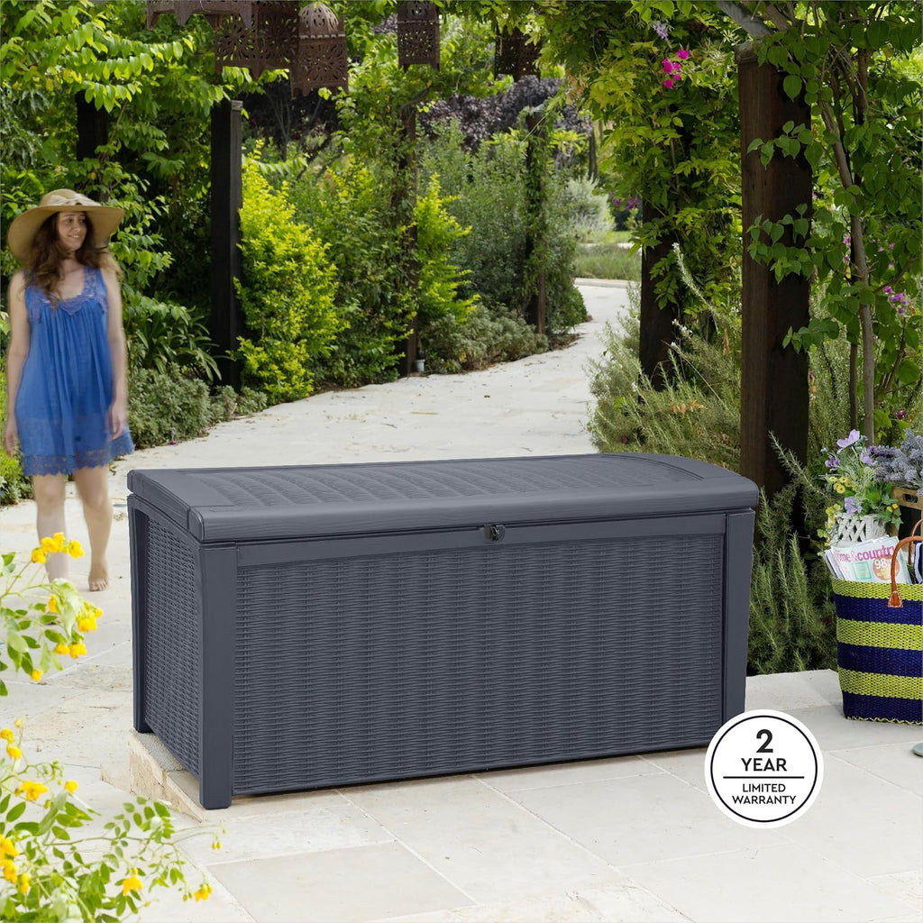 Keter Outdoor Storage Deck Box for Patio, Backyard & Garden, Borneo, 110 Gal, Grey - Lockable, Organizing, and Waterproof Plastic Container Bench