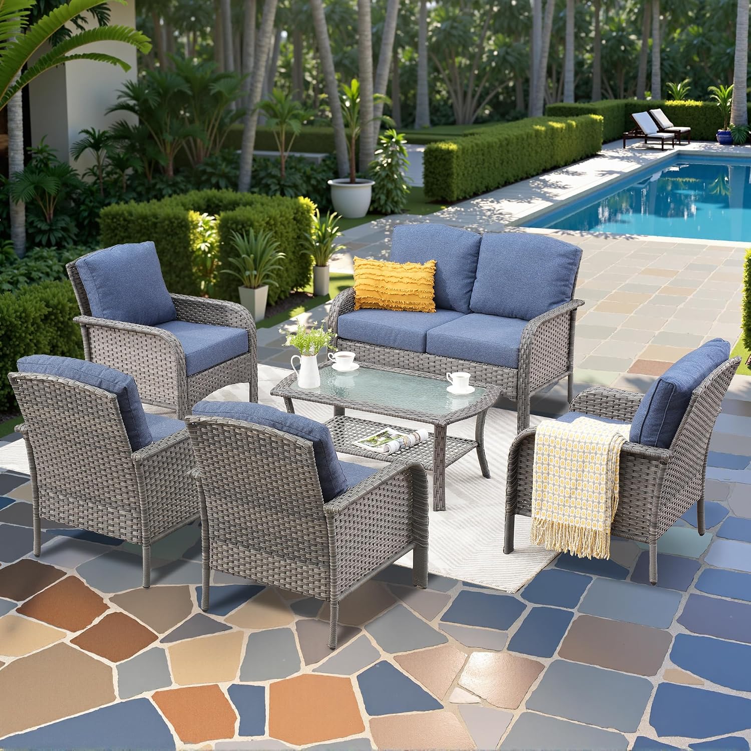 CAODOC 6-Piece Wicker Patio Furniture Set, All-Weather Rattan Conversation Bistro Loveseat Chair and Table Set for Backyard, Balcony and Deck with Soft Cushions and Metal Table(Blue)
