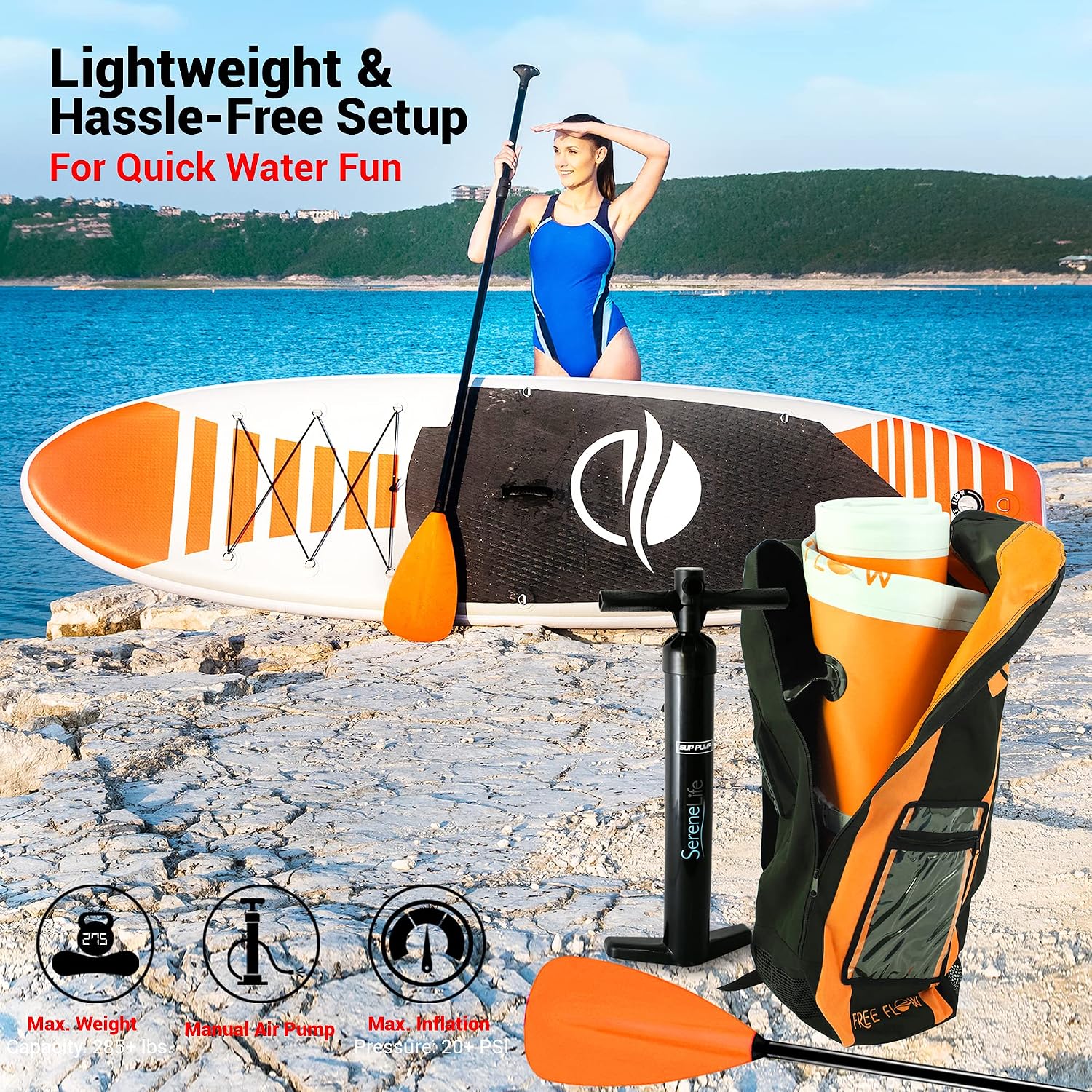 SereneLife 10' Inflatable Stand Up Paddle Board 2-Pack with Premium SUP Accessories – 32' Wide Stable Design with Non-Slip EVA Deck Pad for Youth and Adults, 350 lbs. Capacity Each