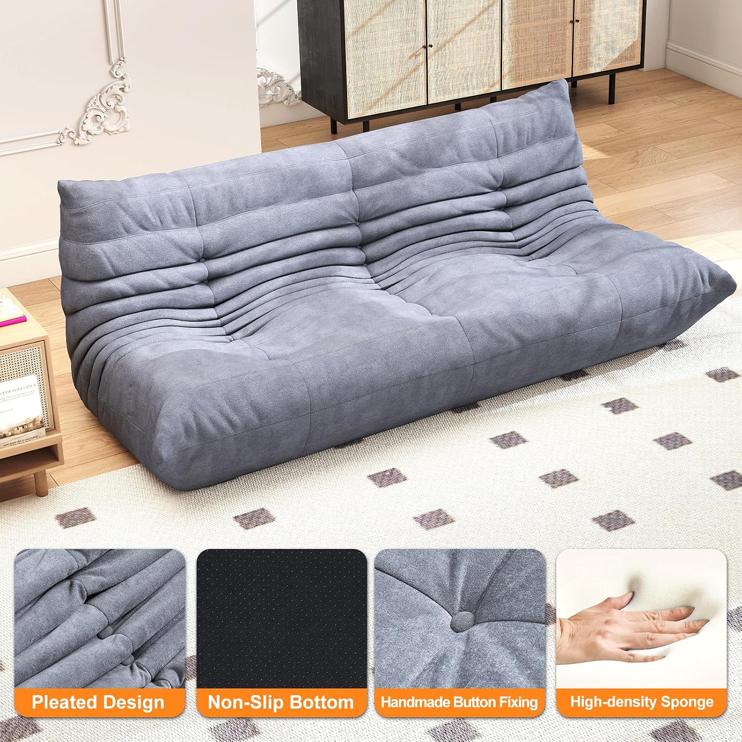 Full Foam Three Seater Sofa – Bean Bag Chairs Floor Couch for Adults, Waterproof Upholstery, Armless Fireside Lounge Chair for Living Room, Apartment, or Office (Grey)
