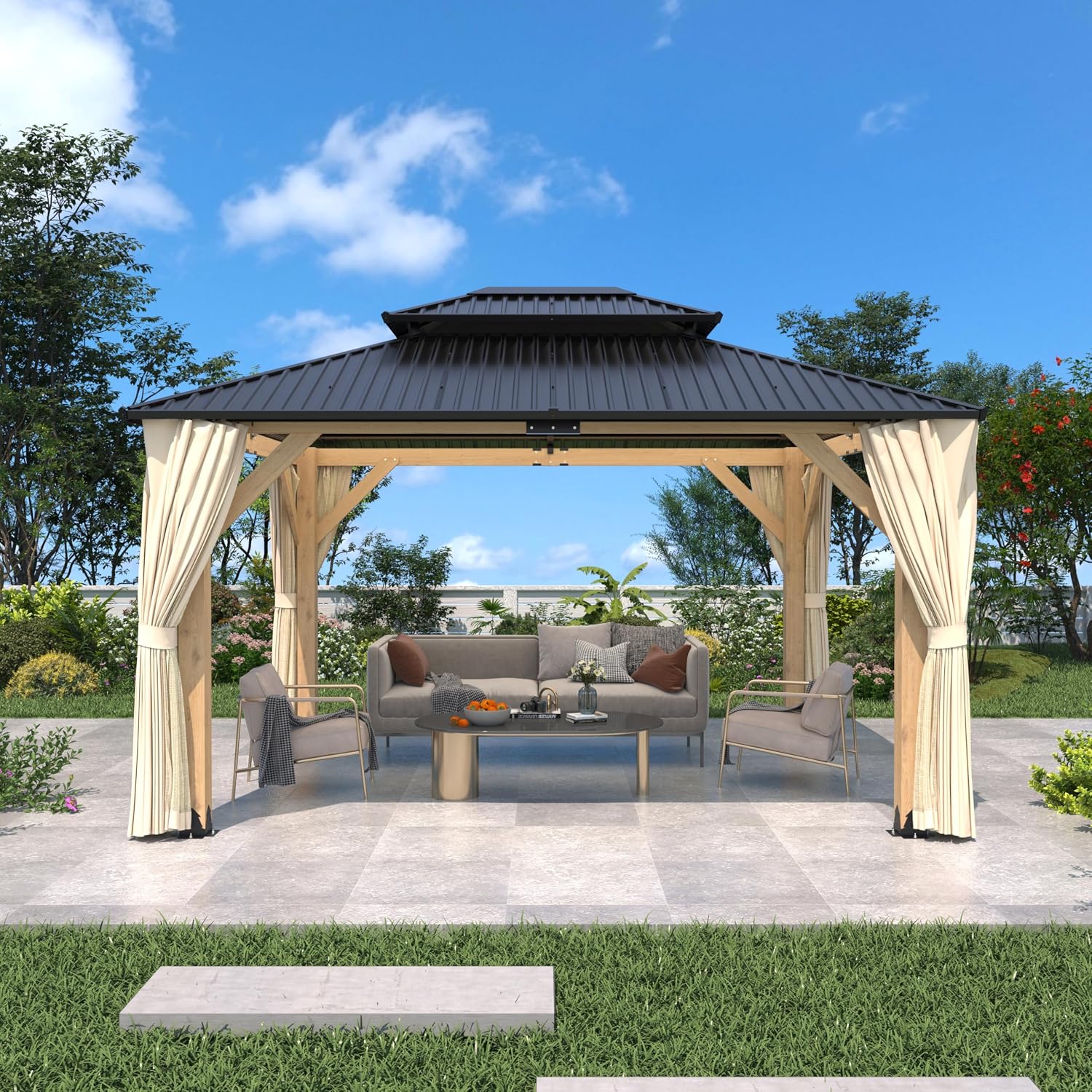 Outdoor Wooden Gazebo - Outdoor Patio Gazebo with Galvanized Steel Double Roof, Cedar Wooden Frame Pavilion, Pergolas for Garden, Lawn, Poolside (11X13FT)
