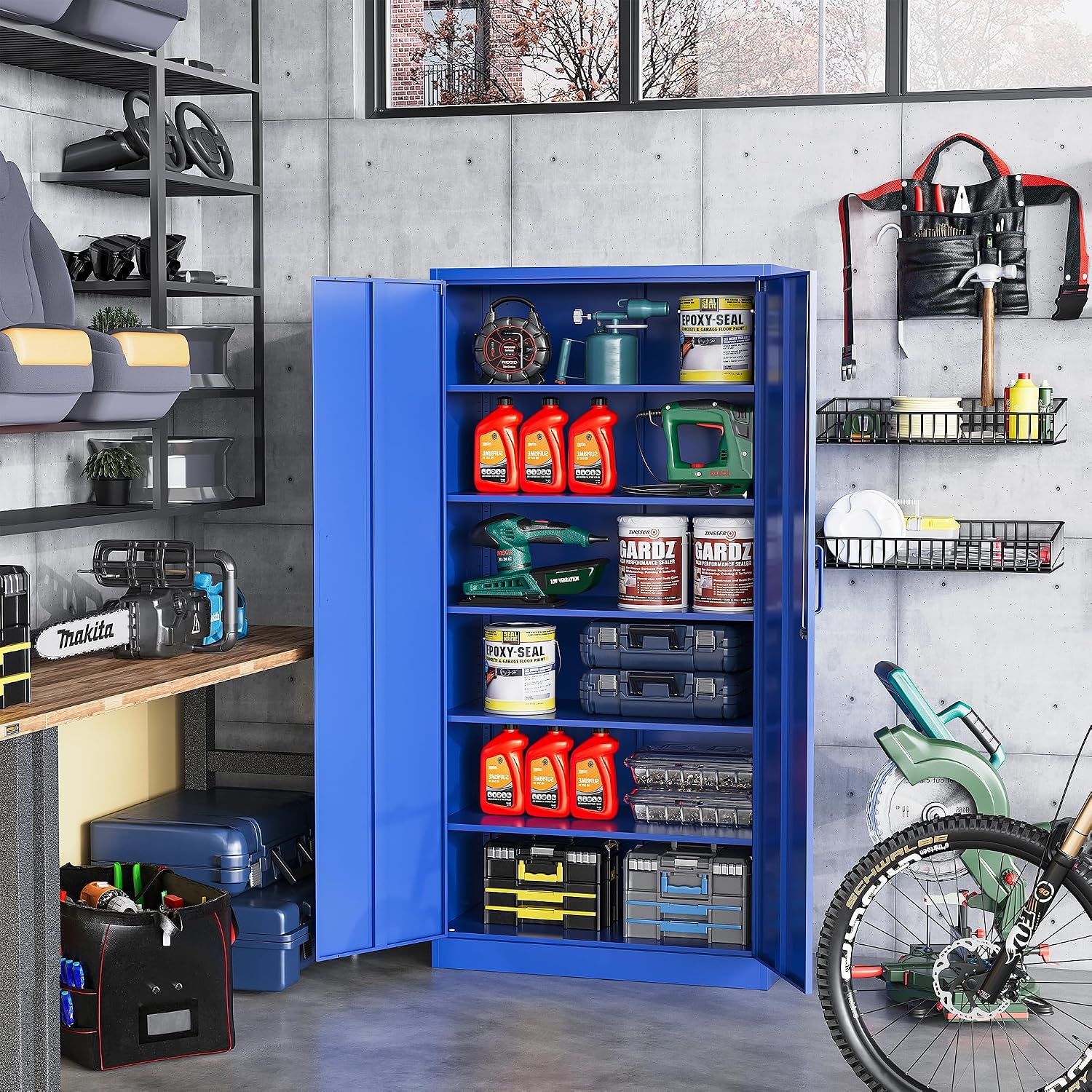 STANI Metal Garage Storage Cabinet with Lock, 71' Steel Lockable File Cabinet, Locking Steel Storage Cabinet with 5 Adjustable Shelves for Home, Office, Garage, Warehouse (Blue, 2 Door - 71' H)