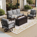 SUNSHINE VALLEY 4 Piece Black Metal Outdoor Patio Furniture Sets with Firepit Table, Patio Conversation Sets 1 3-Seater Sofa, 2 Swivel Sofa with 5.75' Thick Cushion Backyard Furniture for Deck, Gray