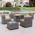 7 Pieces Outdoor Patio Furniture Set with 43'/55000BTU Gas Fire Pit Table,PE Rattan Wicker Outdoor Conversation Sofa Set Non-Slip Cushions Waterproof Covers for Backyard,Poolside,Garden,Sand