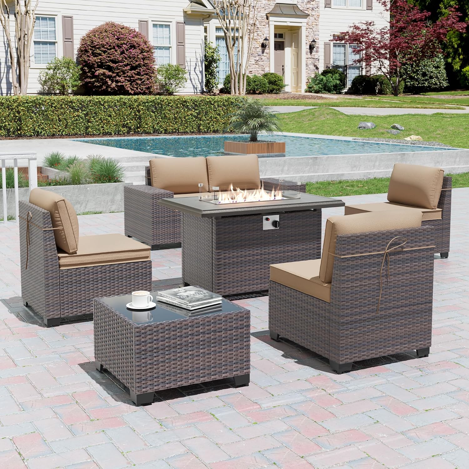 7 Pieces Outdoor Patio Furniture Set with 43'/55000BTU Gas Fire Pit Table,PE Rattan Wicker Outdoor Conversation Sofa Set Non-Slip Cushions Waterproof Covers for Backyard,Poolside,Garden,Sand