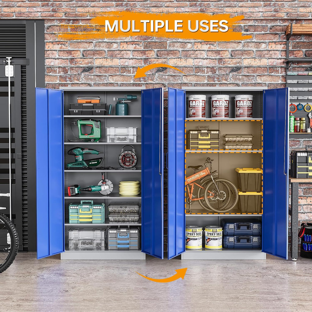 STANI Metal Garage Storage Cabinet with Lock, 71' Steel Lockable File Cabinet, Locking Steel Storage Cabinet with 5 Adjustable Shelves for Home, Office, Garage, Warehouse (Blue Grey, 2 Door - 71' H)