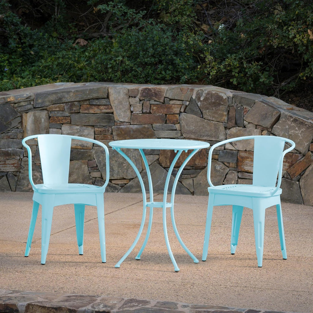 Merax 3 Pieces Bistro Set Iron Retro Bistro Table and Chairs Set of 2 Outdoor Dining Table Set for 2, Round Tabletop, All-Weather for Porch Patio Balcony Lawn Garden (Light Blue)