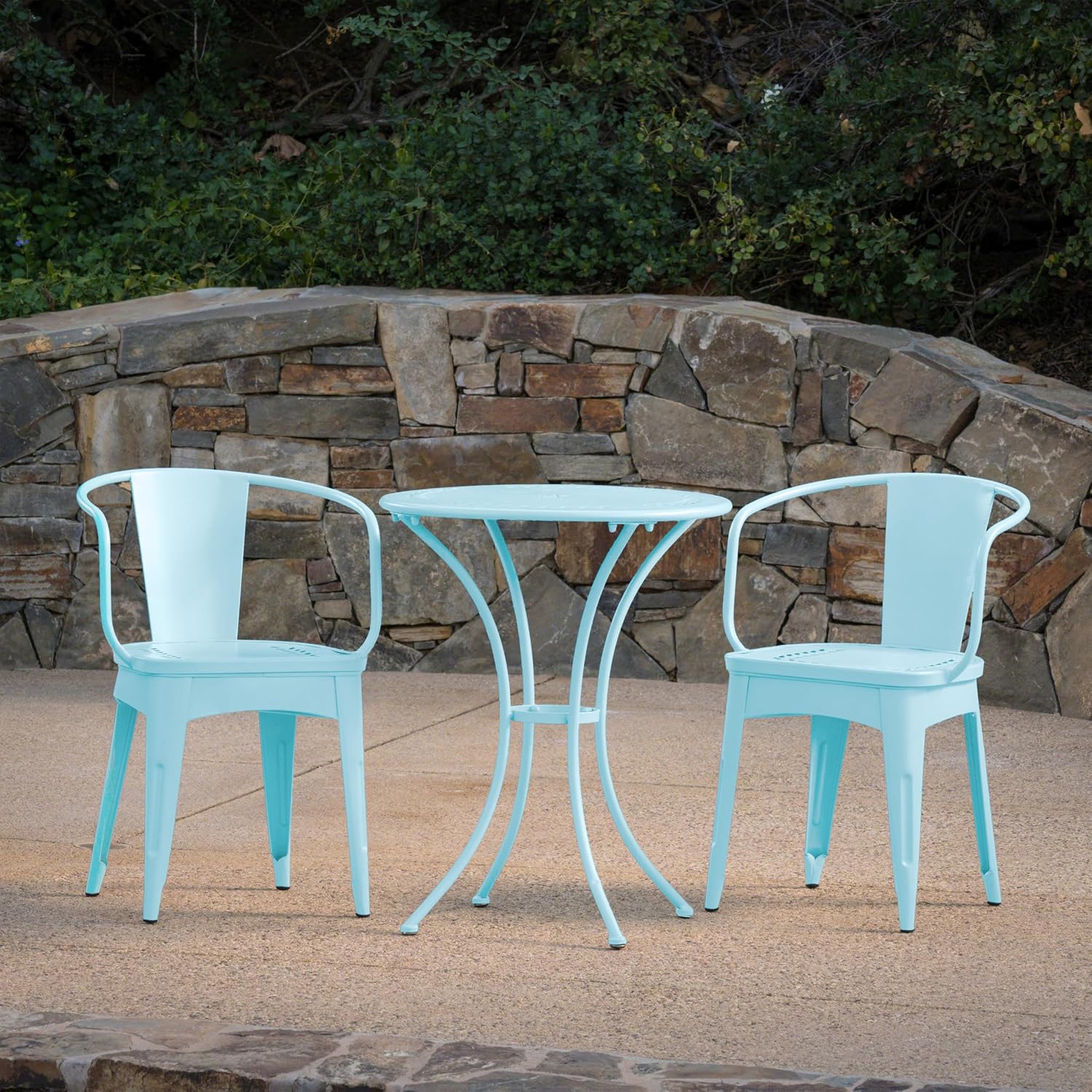 Merax 3 Pieces Bistro Set Iron Retro Bistro Table and Chairs Set of 2 Outdoor Dining Table Set for 2, Round Tabletop, All-Weather for Porch Patio Balcony Lawn Garden (Light Blue)