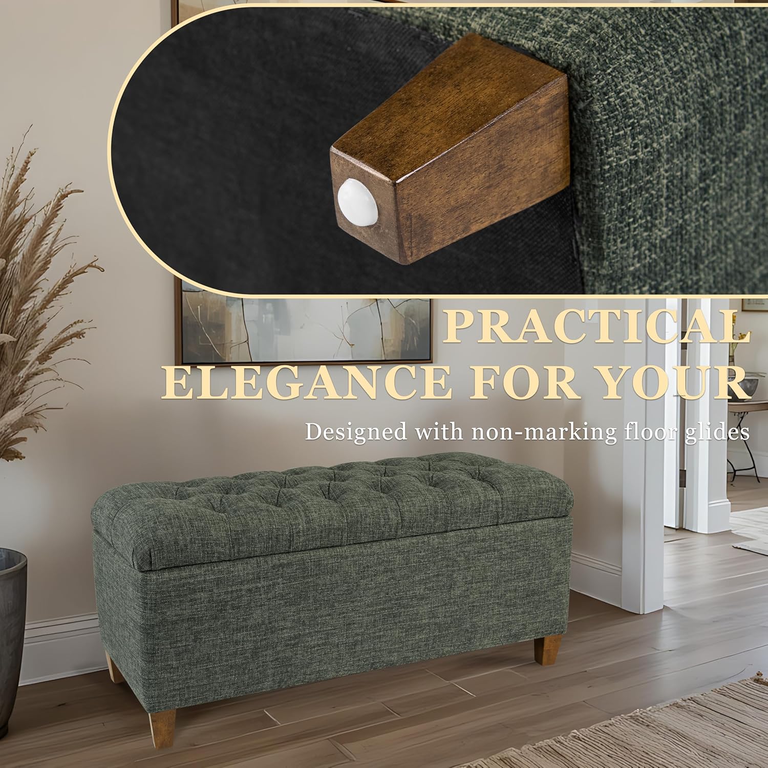 Homepop Home Decor Tufted Ainsley Button Storage Ottoman Bench with Hinged Lid Ottoman Bench with Storage for Living Room & Bedroom, Green Clover Fabric
