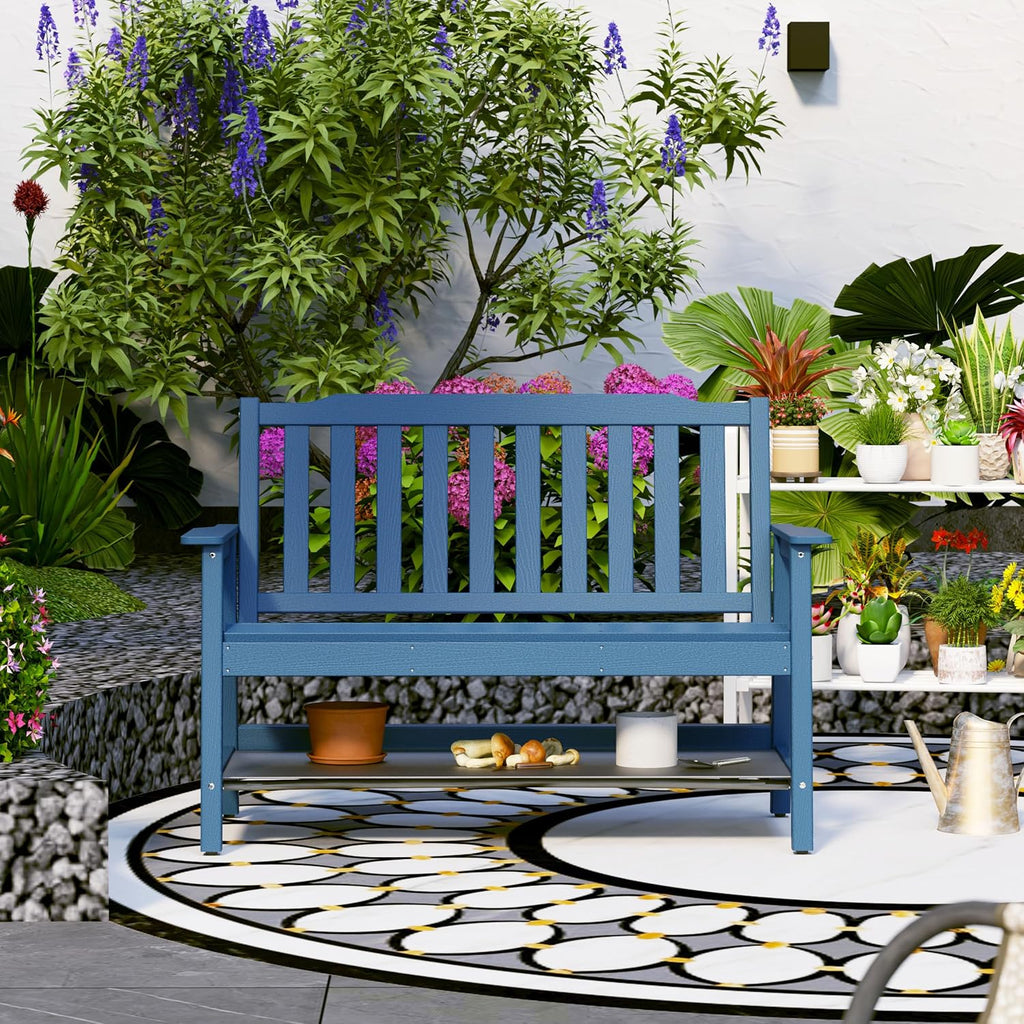 Anbuy Outdoor Bench Weatherproof, 2-Person Adjustable Height Patio Bench with 660lbs Weight Capacity, Garden Potting Bench Never Rot and Fade, Comfort for Porch, Patio, Backyard and Park (Blue)
