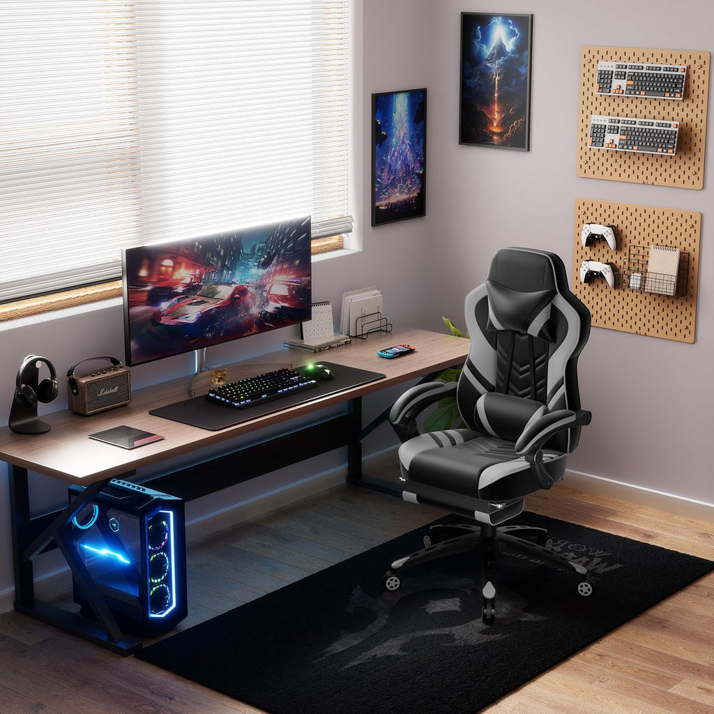 POWERSTONE Gaming Chair Video Game Chair with Footrest and Lumbar Support Racing Style PU Leather Computer Chair Ergonomic Adjustable Swivel Task Chair Gray