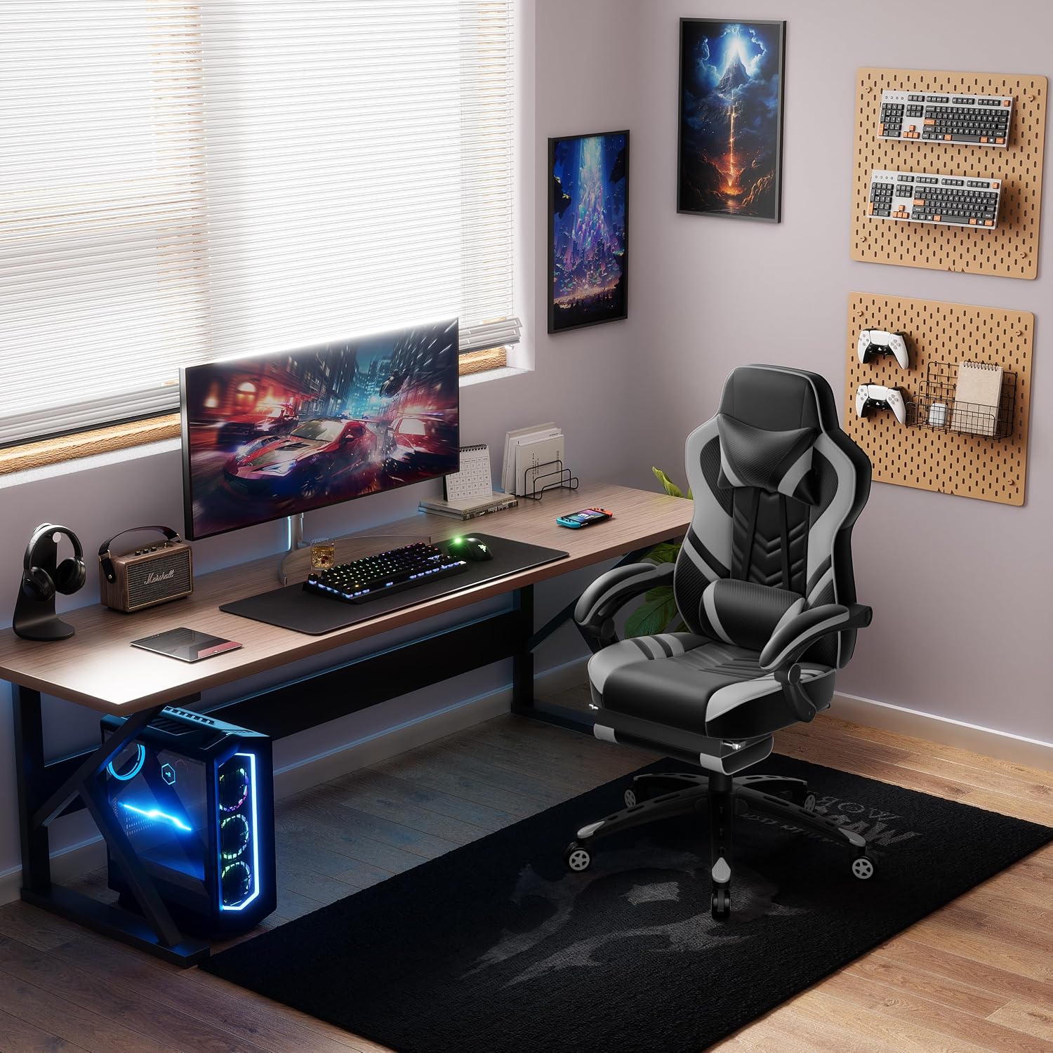 POWERSTONE Gaming Chair Video Game Chair with Footrest and Lumbar Support Racing Style PU Leather Computer Chair Ergonomic Adjustable Swivel Task Chair Gray