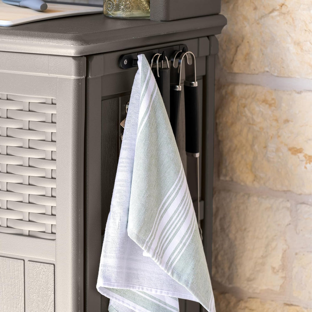 Suncast Patio Plastic Storage and Prep Station with Decorative Wicker Pattern and Multi Wall Panels for Patio, Garden, and Lawn Use, Stoney Gray