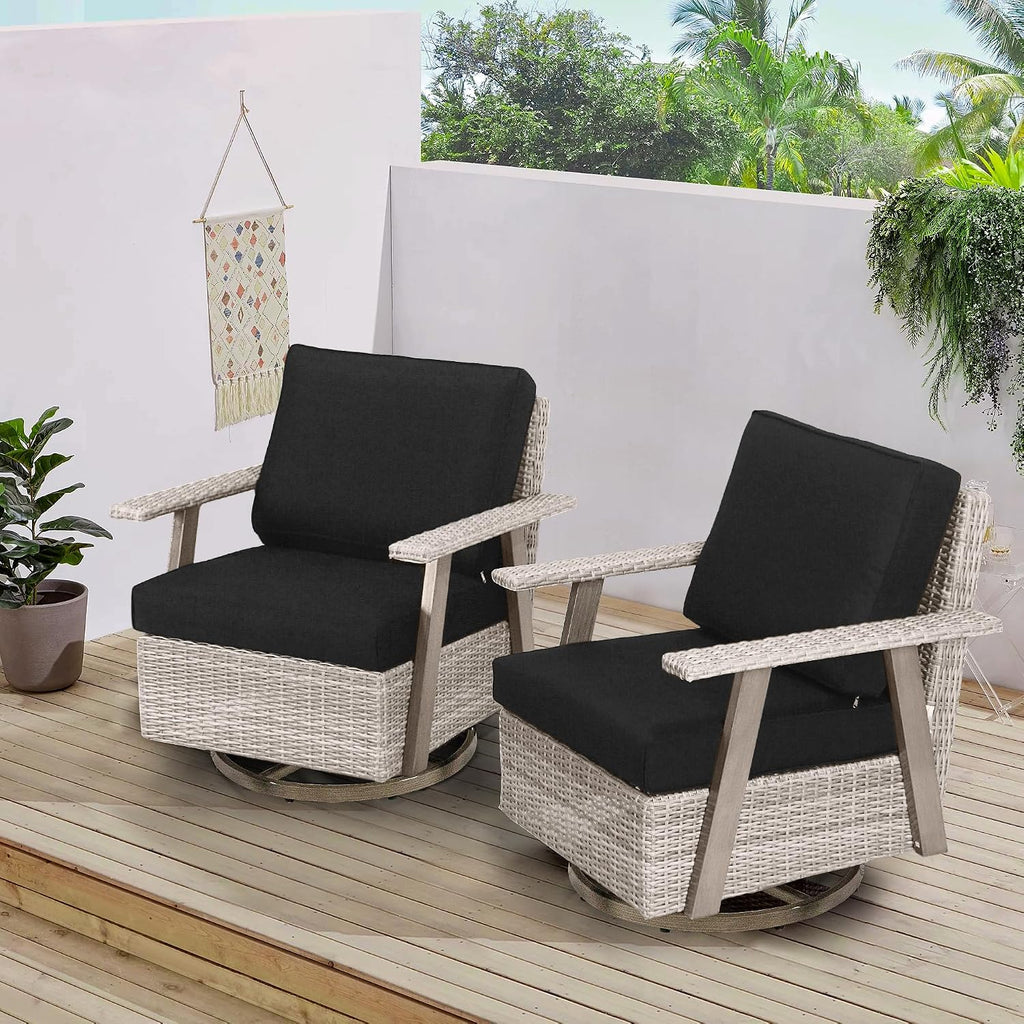 2 PCS Outdoor Patio Furniture Set, Oversized Swivel Patio Chairs Set of 2, Outdoor Swivel Rocking Glider Chairs Set, Brown/Taupe PE Wicker Rocking Chair with Black Cushion for Porch Garden