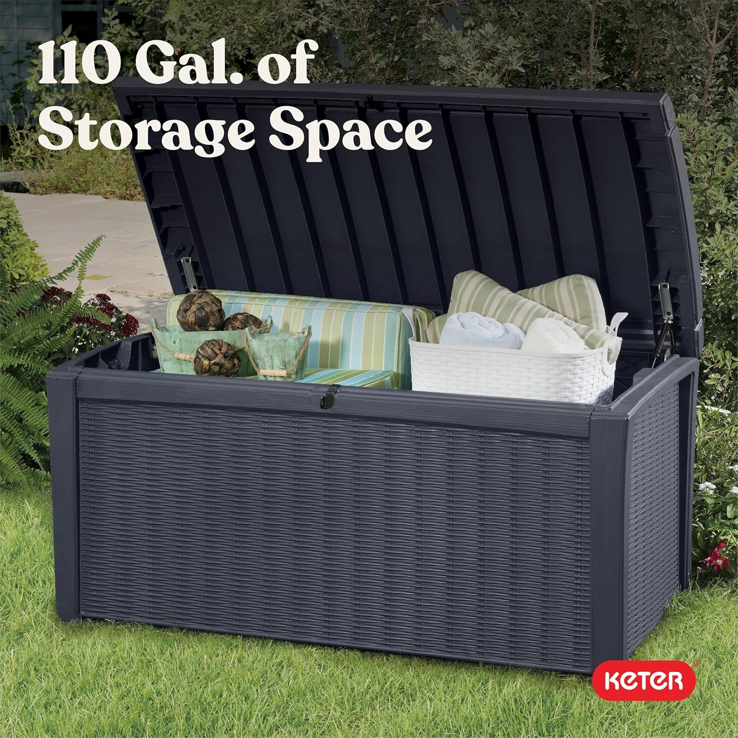 Keter Outdoor Storage Deck Box for Patio, Backyard & Garden, Borneo, 110 Gal, Grey - Lockable, Organizing, and Waterproof Plastic Container Bench