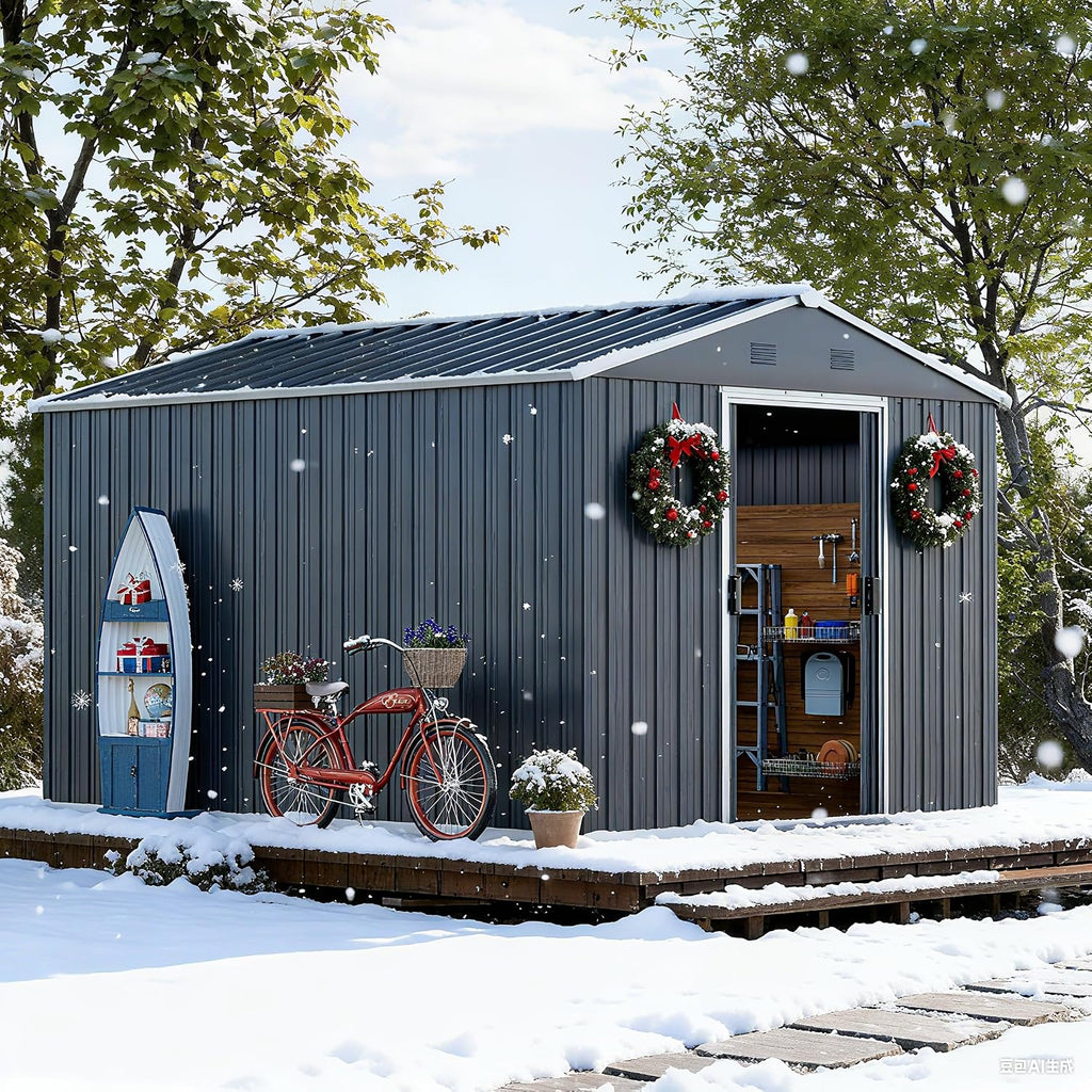 10x8 FT Metal Outdoor Storage Shed, Large Garden Tool Metal Sheds with Sloping Roof and Lockable Door, Outdoor Storage Shed for Backyard Garden Patio Lawn Deck, Grey