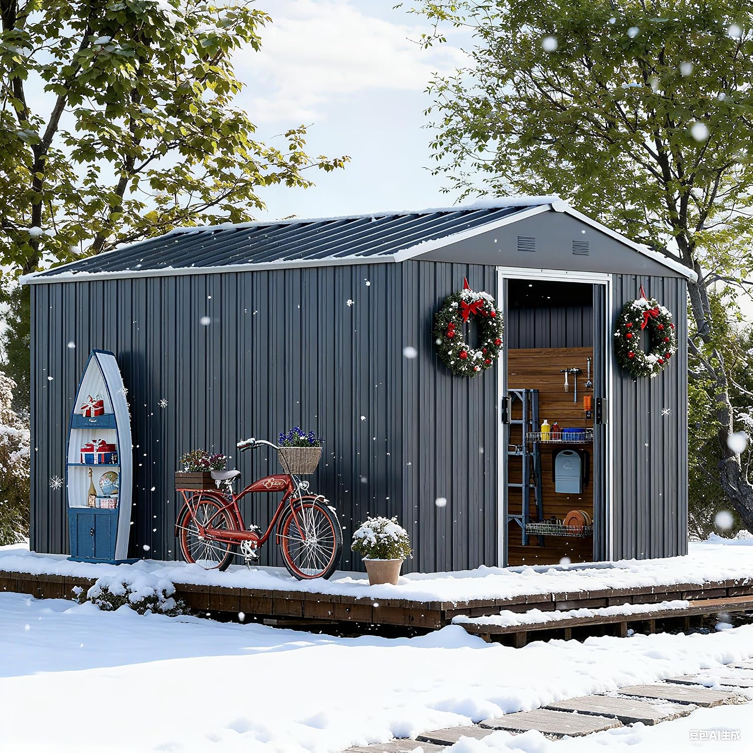 10x8 FT Metal Outdoor Storage Shed, Large Garden Tool Metal Sheds with Sloping Roof and Lockable Door, Outdoor Storage Shed for Backyard Garden Patio Lawn Deck, Grey