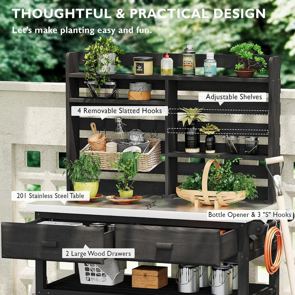 Outdoor Potting Bench Table on Wheels, Solid Wood Storage Island Gardening Workbench with Upper Hutch, Stainless Steel Top, Towel Rack for Outside Garden, Patio, Greenhouse, Black