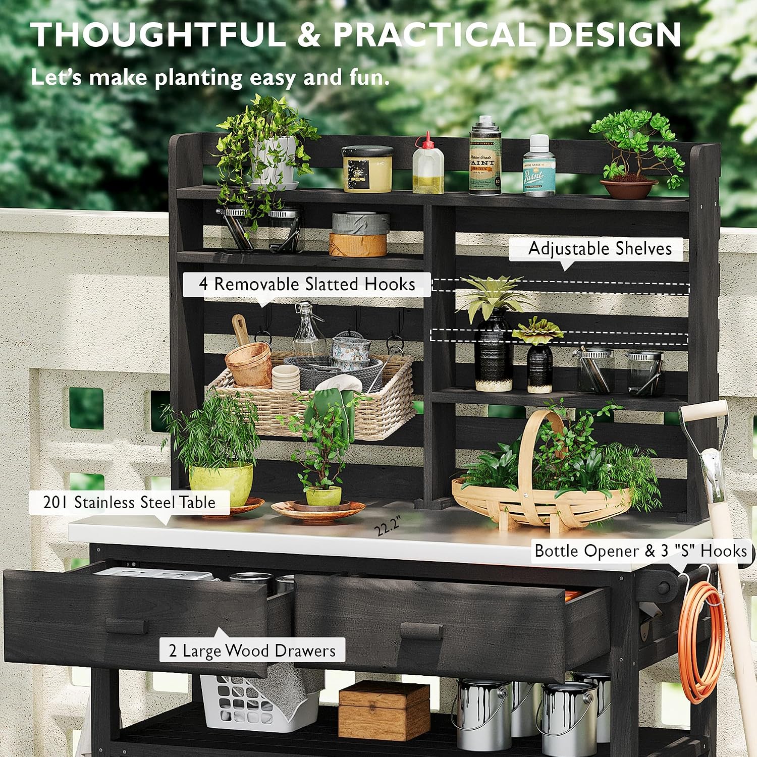 Outdoor Potting Bench Table on Wheels, Solid Wood Storage Island Gardening Workbench with Upper Hutch, Stainless Steel Top, Towel Rack for Outside Garden, Patio, Greenhouse, Black