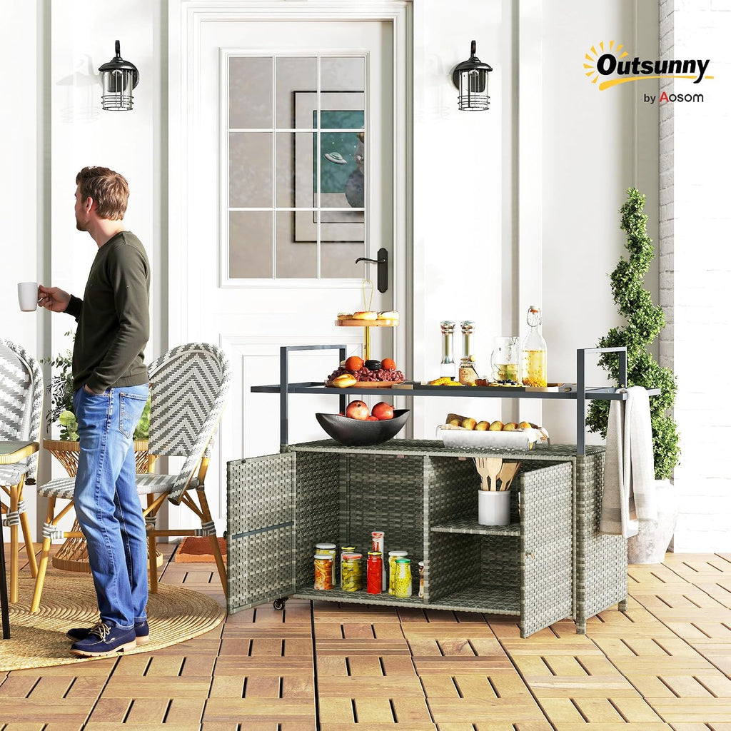 Outsunny PE Rattan Outdoor Storage Cabinet, Wicker Outdoor Bar Table Kitchen Island with Wheels & 2-Tier Shelf, Patio Serving Cart with Glass Top, Handles, Towel Racks for Poolside, Mixed Gray