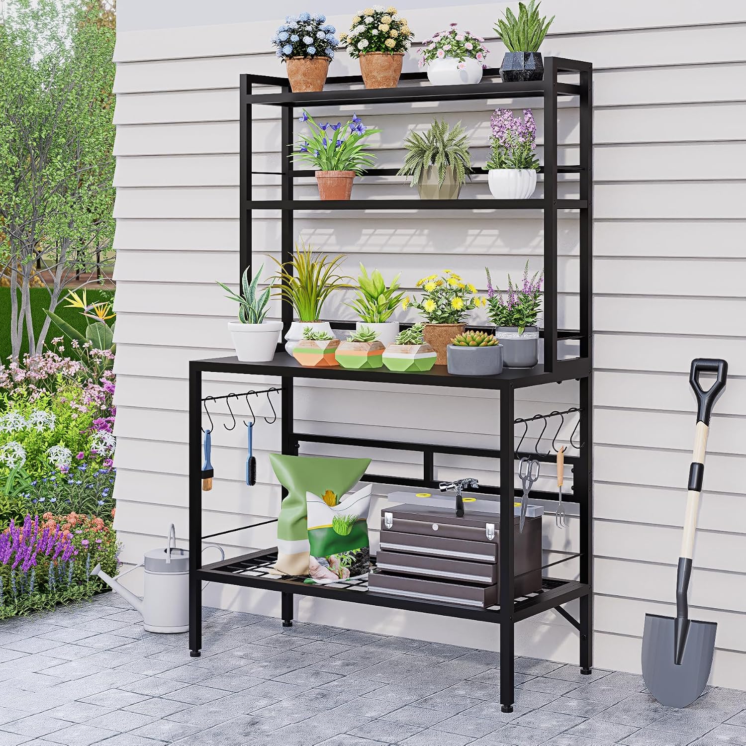 Outdoor Potting Bench Table with Storage, 63' Tall Metal Garden Workstation, 4-Tier Plant Stand Shelves with 8 Hooks, Heavy Duty All-Weather Potting Table for Patio, Backyard, Balcony, Black