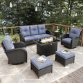 7 Pieces Patio Furniture Sets with Fire Pit Table, Wicker Rattan High Back Outdoor Swivel Rocking Chairs Set with 3-Seat Couch, Ottomans and Side Table