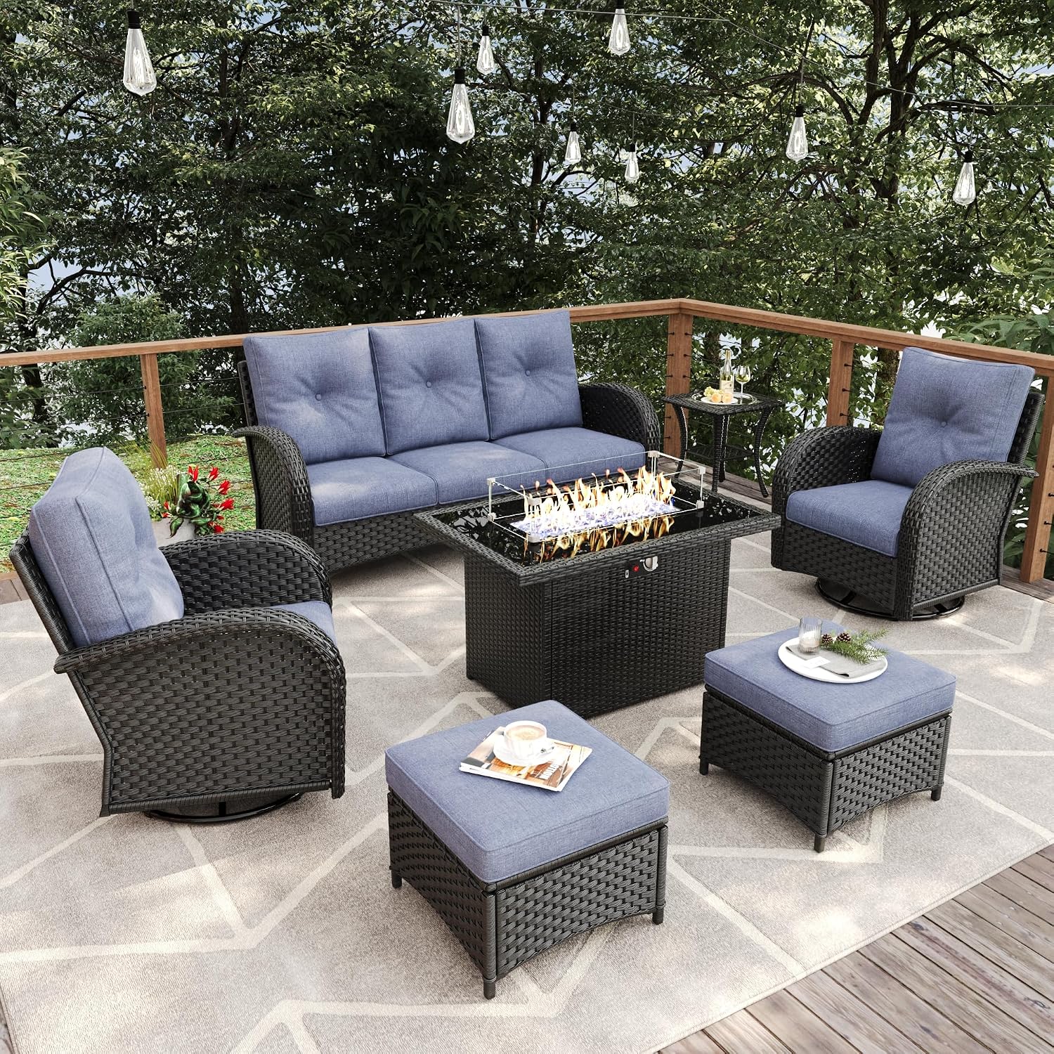 7 Pieces Patio Furniture Sets with Fire Pit Table, Wicker Rattan High Back Outdoor Swivel Rocking Chairs Set with 3-Seat Couch, Ottomans and Side Table