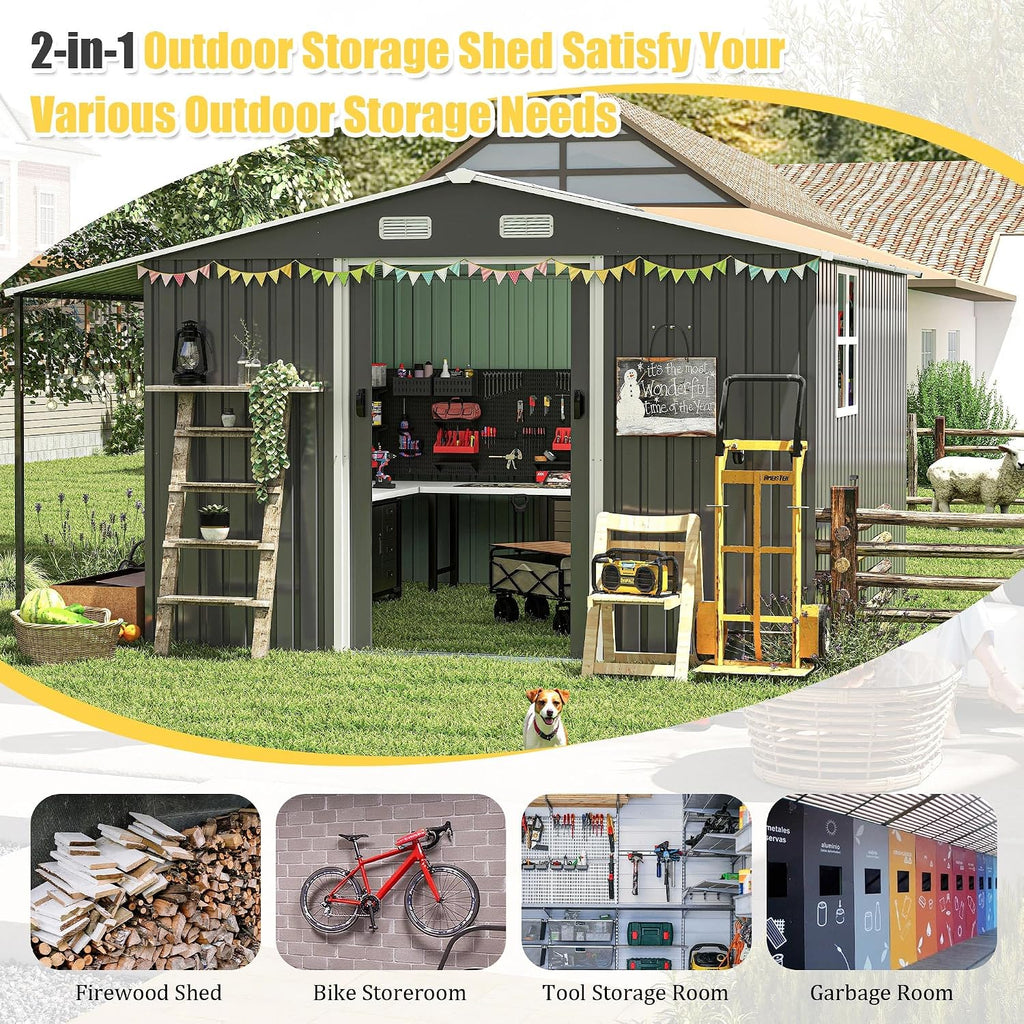 10x12 ft Metal Storage Shed with Open Firewood Bay, Steel Outdoor Storage Shed with Window and Lockable Doors, Extra Large Tool Sheds House with Vents, for Garden, Backyard, Patio, Dark Gray