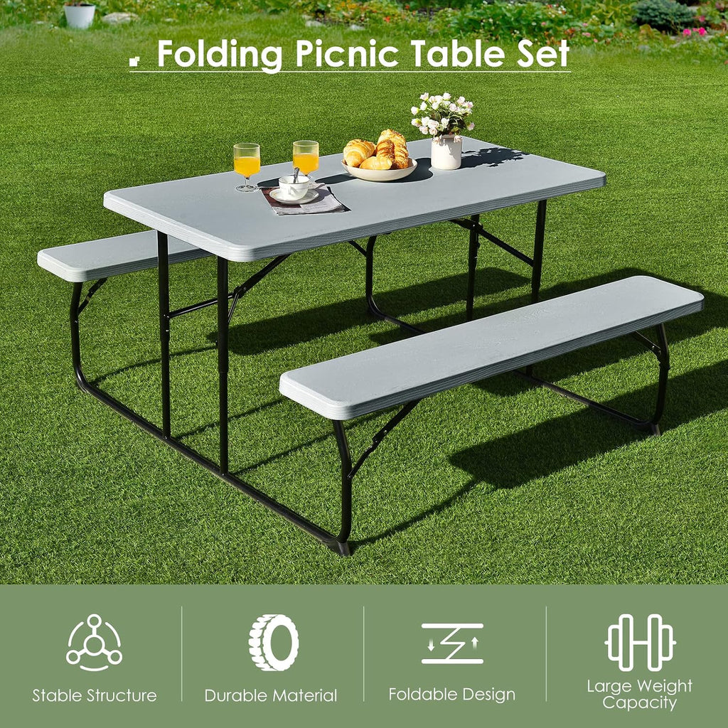 Giantex Folding Picnic Table Bench Set, Outdoor Dining Table Set, Large Camping Table for Patio Lawn Garden Poolside, Portable Picnic Tables, Weather Resistant Metal Frame (Folding Legs Design, Gray)
