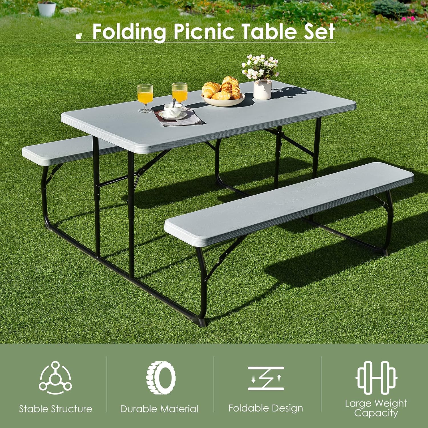 Giantex Folding Picnic Table Bench Set, Outdoor Dining Table Set, Large Camping Table for Patio Lawn Garden Poolside, Portable Picnic Tables, Weather Resistant Metal Frame (Folding Legs Design, Gray)